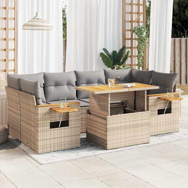 vidaXL 7-delige Loungeset met kussens poly rattan acacia beige