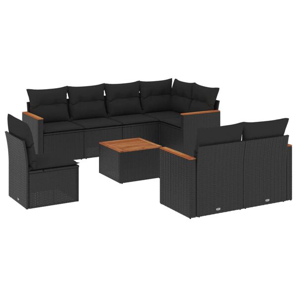 vidaXL 9-delige Loungeset met kussens poly rattan zwart