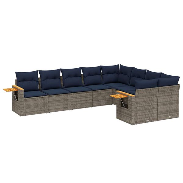 vidaXL 9-delige Loungeset met kussens poly rattan grijs