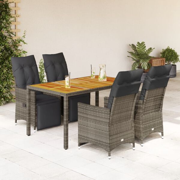vidaXL 5-delige Bistroset met kussens poly rattan grijs