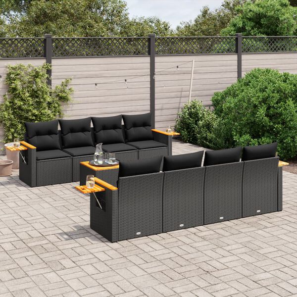 vidaXL 9-delige Loungeset met kussens poly rattan zwart