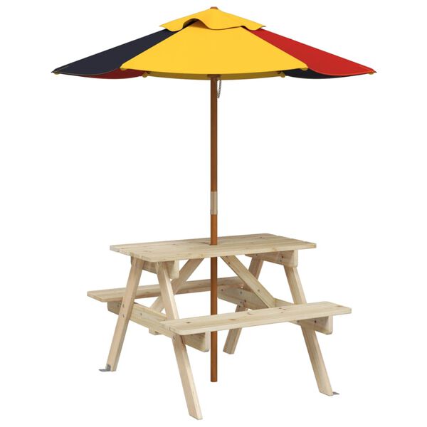 vidaXL Picknicktafel voor 4 kinderen met parasol massief vurenhout