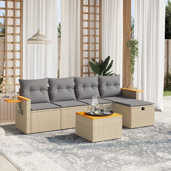 vidaXL 6-delige Loungeset met kussens poly rattan gemengd beige