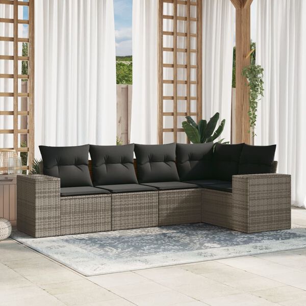 vidaXL 5-delige Loungeset met kussens poly rattan grijs
