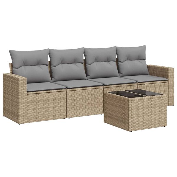 vidaXL 5-delige Loungeset met kussens poly rattan beige