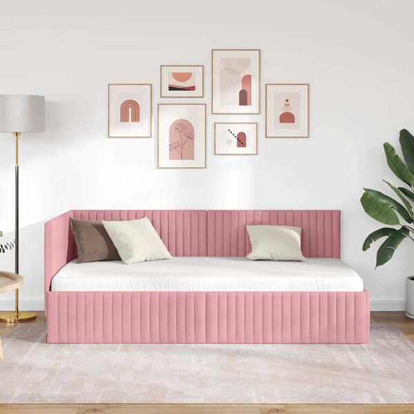 vidaXL Hoekbedframe met hoofdeinde Roze 90 cm x 200 cm Fluweel