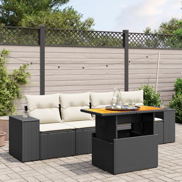 vidaXL 5-delige Loungeset met kussens poly rattan zwart