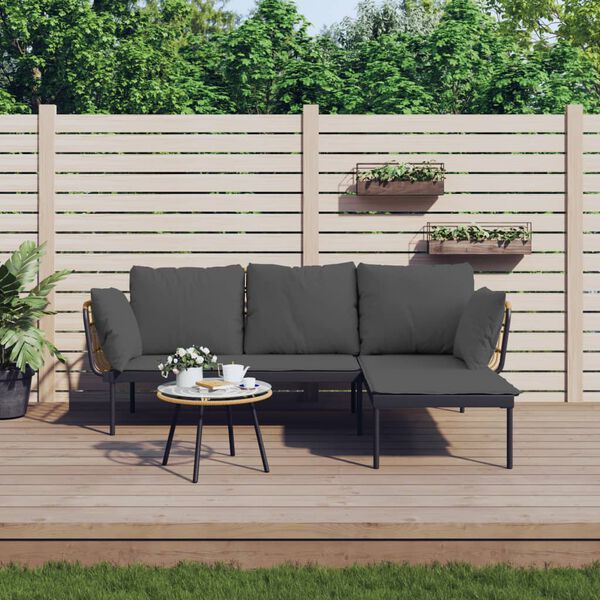 vidaXL 3-delige Loungeset met kussens poly rattan donkergrijs