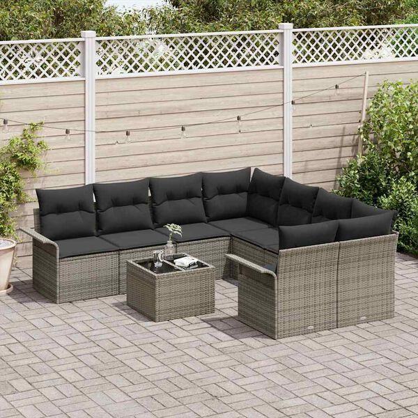 vidaXL Tuinbankenset met kussen met opslag 9 pcs Grijs poly rattan
