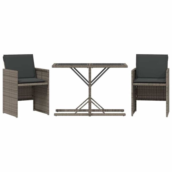 vidaXL 3-delige Bistroset met kussens poly rattan grijs