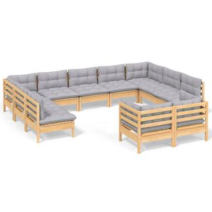 vidaXL 11-delige Loungeset met grijze kussens massief grenenhout