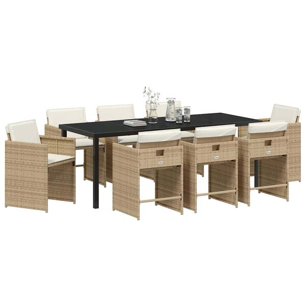 vidaXL Tuin eettafelset met kussen 9 pcs Beige poly rattan