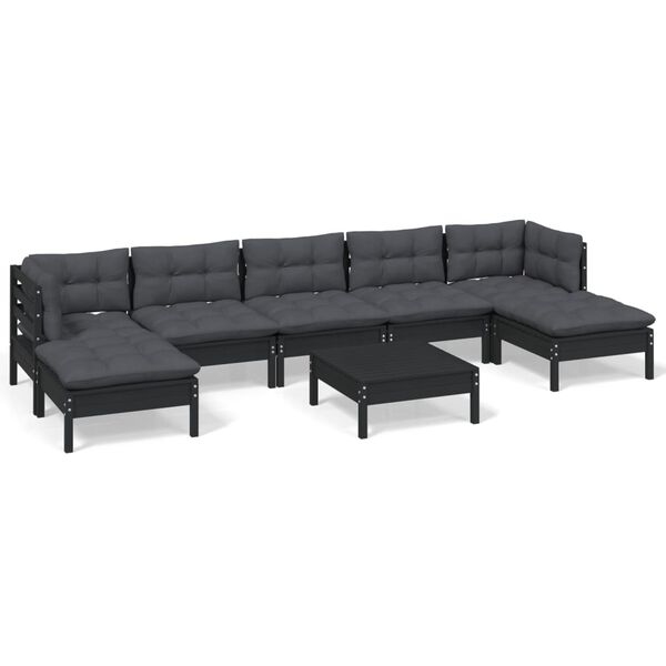 vidaXL 8-delige Loungeset met kussens grenenhout zwart