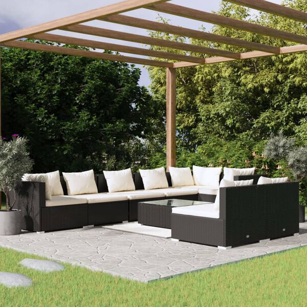 vidaXL 9-delige Loungeset met kussens poly rattan zwart
