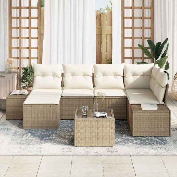 vidaXL Tuin Sofa Set met kussen 7 pcs Beige en Cr&egrave;me poly rattan