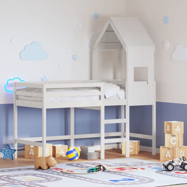 vidaXL Halfhoogslaper met ladder en bedhuis grenenhout wit 90x190 cm