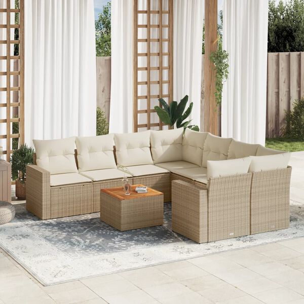 vidaXL 9-delige Loungeset met kussens poly rattan beige