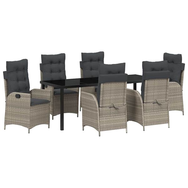 vidaXL Tuin eettafelset met kussen 7 pcs Lichtgrijs poly rattan