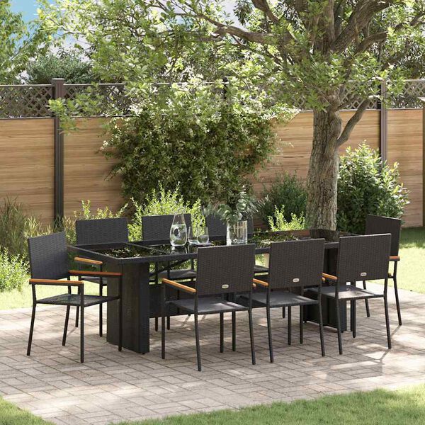 vidaXL Tuin eettafelset 9 pcs Zwart poly rattan