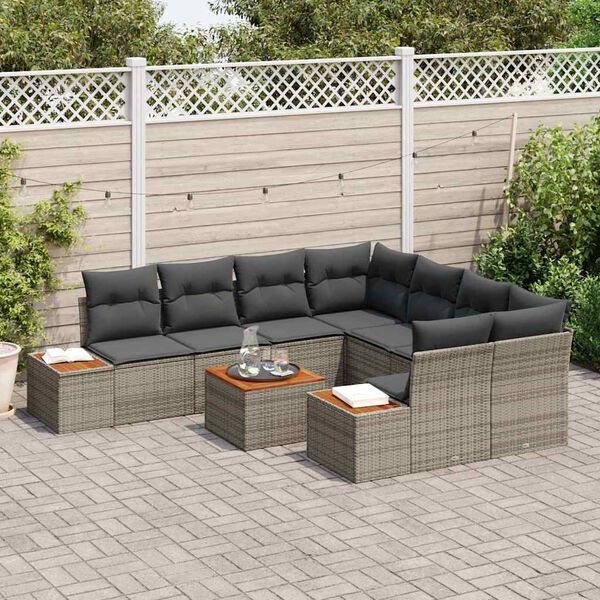 vidaXL Tuinbankenset met kussen 9 pcs Grijs Poly riet
