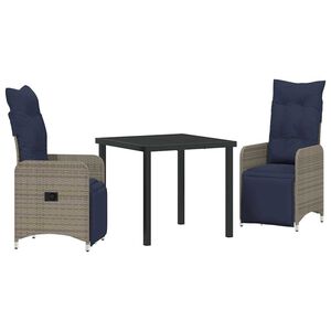 vidaXL Tafel en stoelen set met kussen 3 pcs Grijs PE Rattan