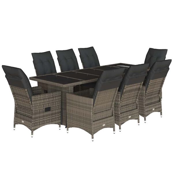 vidaXL 9-delige Bistroset met kussens poly rattan grijs