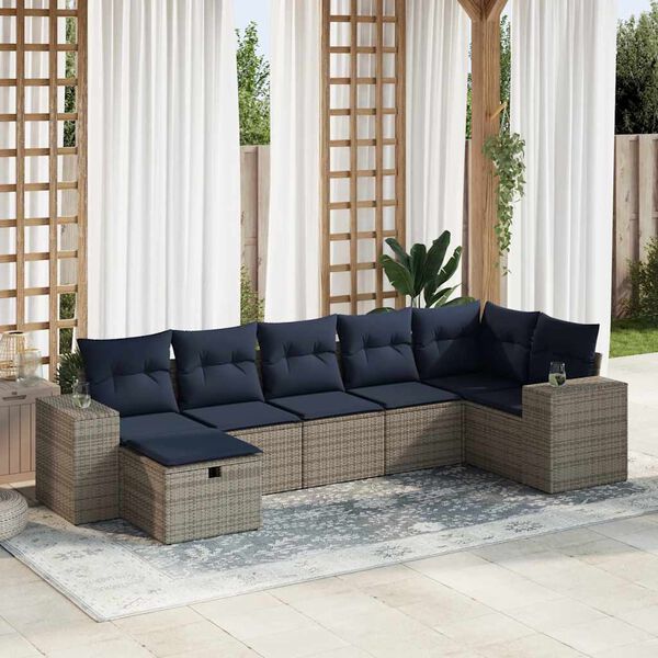 vidaXL 7-delige Loungeset met kussens poly rattan grijs