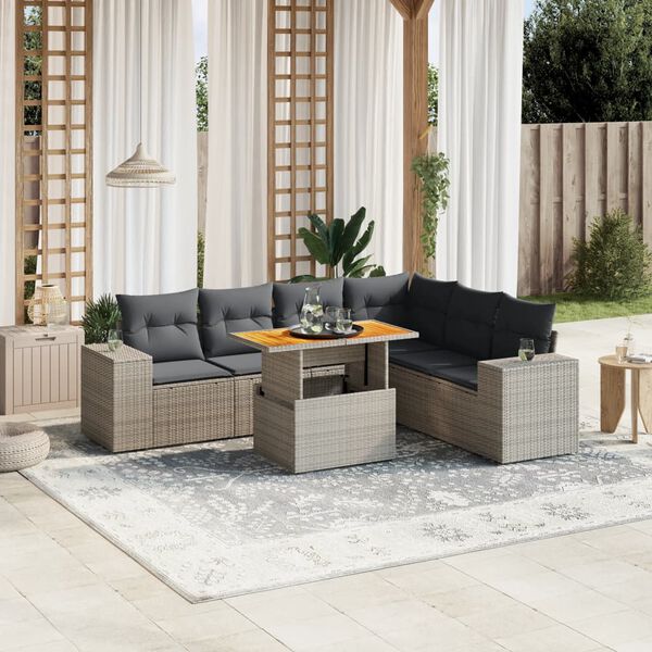 vidaXL 7-delige Loungeset met kussens poly rattan grijs