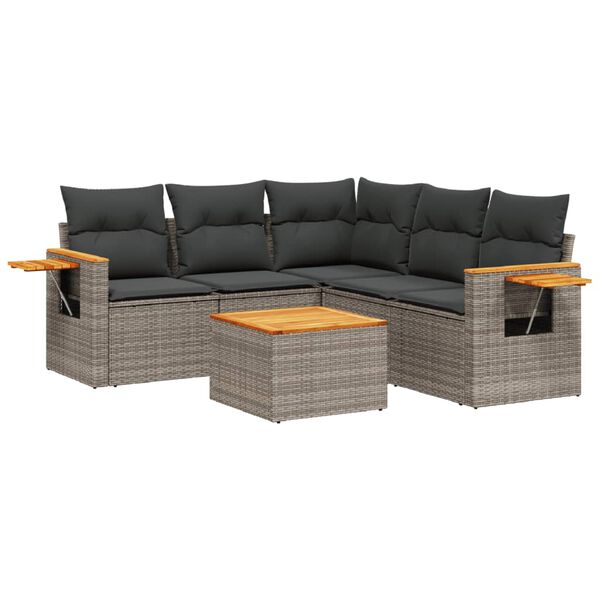 vidaXL 6-delige Loungeset met kussens poly rattan grijs
