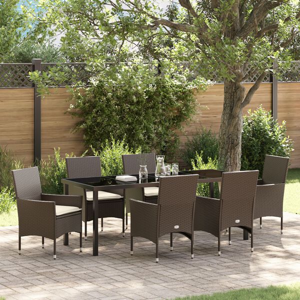 vidaXL Tuin eettafelset met kussen 7 pcs Bruin poly rattan