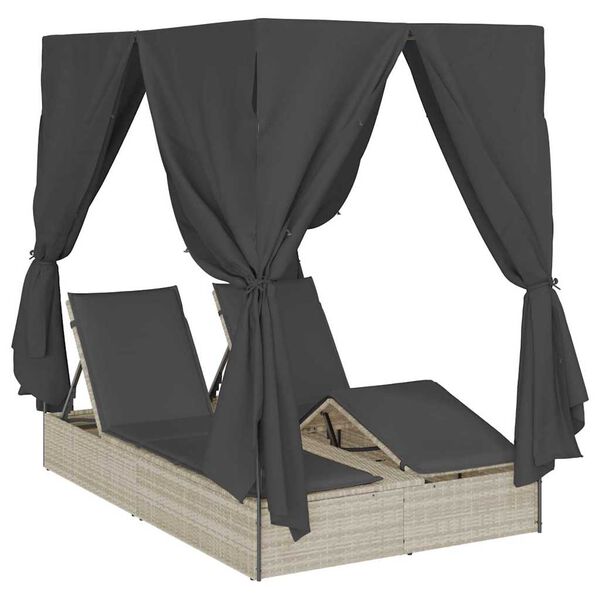 vidaXL Dubbele Zonnebed met Dak Lichtgrijs 205 x 129 x 200 cm PE riet