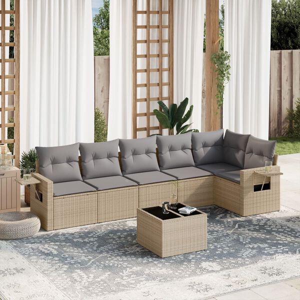 vidaXL 7-delige Loungeset met kussens poly rattan beige