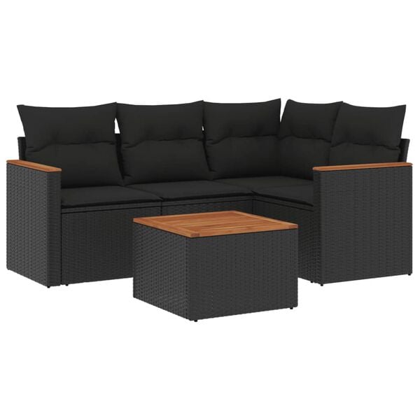 vidaXL 5-delige Loungeset met kussens poly rattan zwart