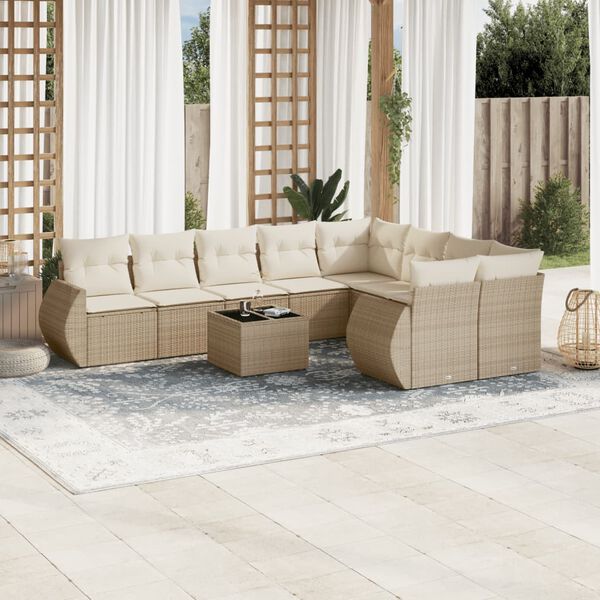 vidaXL 10-delige Loungeset met kussens poly rattan beige