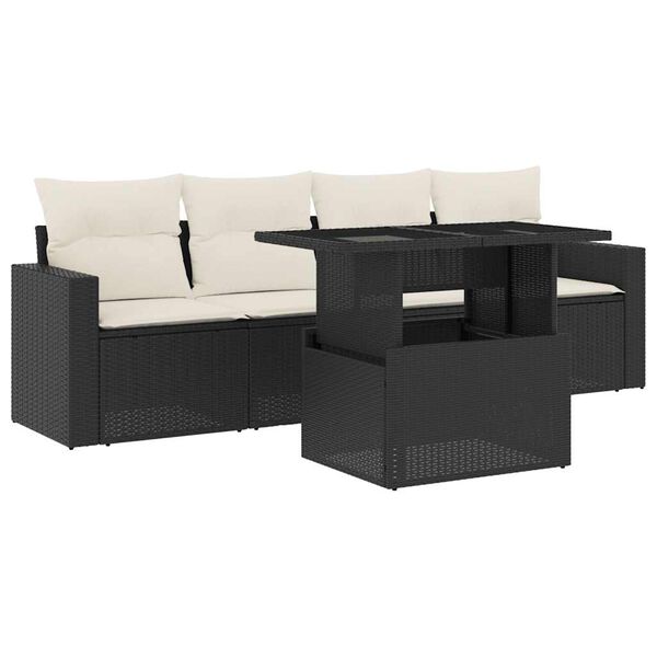 vidaXL 5-delige Loungeset met kussens poly rattan zwart
