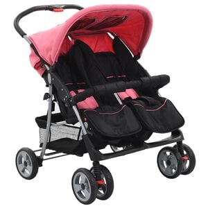 vidaXL Tweelingkinderwagen staal roze en zwart