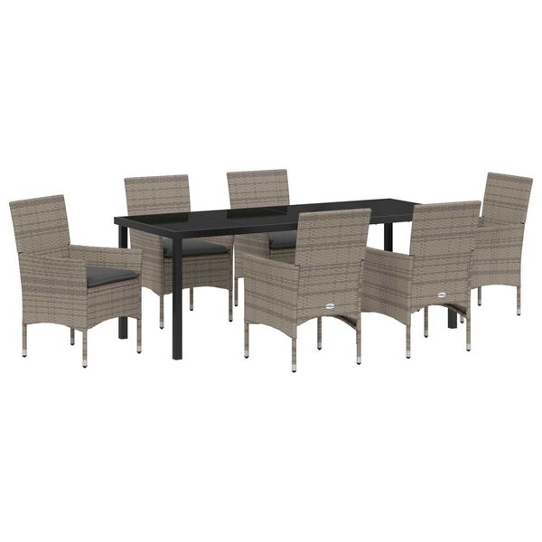 vidaXL Tuin eettafelset met kussen 7 pcs Grijs poly rattan