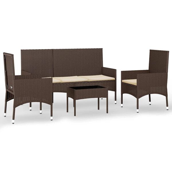 vidaXL 4-delige Loungeset met kussens poly rattan bruin