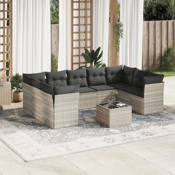 vidaXL 10-delige Loungeset met kussens poly rattan lichtgrijs