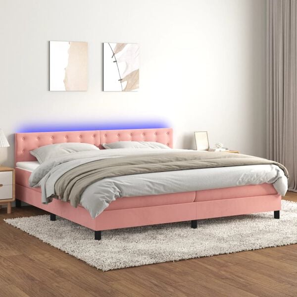 vidaXL Boxspring met matras en LED fluweel roze 200x200 cm