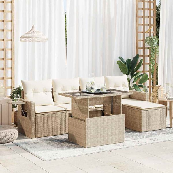 vidaXL 6-delige Loungeset met kussens poly rattan beige