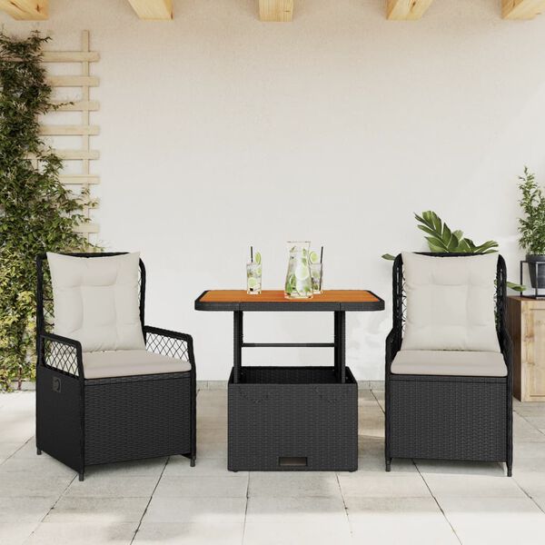 vidaXL 3-delige Tuinset met kussens poly rattan zwart
