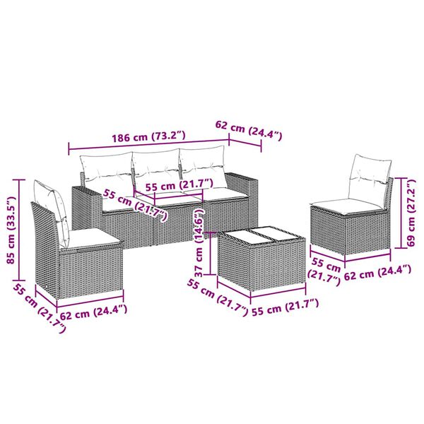 vidaXL 6-delige Loungeset met kussens poly rattan lichtgrijs