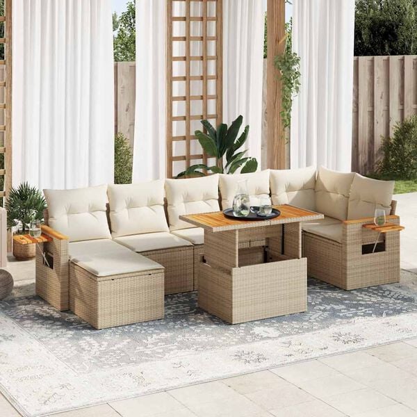 vidaXL 8-delige Loungeset met kussens poly rattan acacia beige