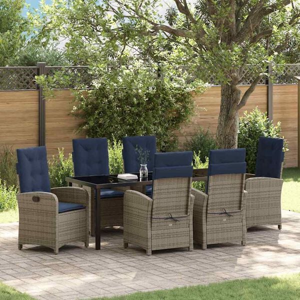 vidaXL Tuin eettafelset met kussen 7 pcs Grijs poly rattan