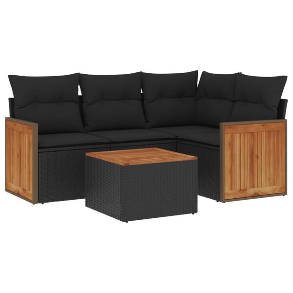 vidaXL 5-delige Loungeset met kussens poly rattan zwart