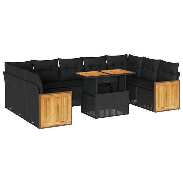 vidaXL 10-delige Loungeset met kussens poly rattan acacia zwart