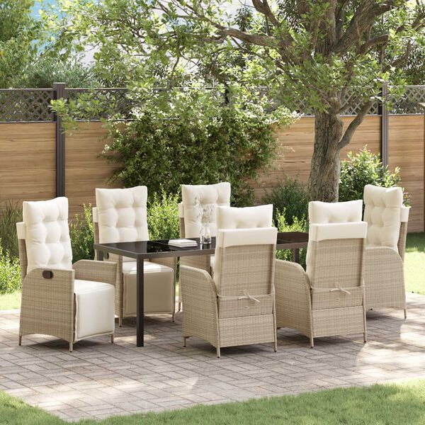 vidaXL Tuin eettafelset met kussen 7 pcs Beige poly rattan