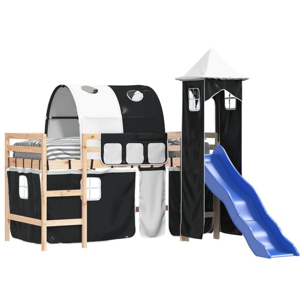 vidaXL Kinderhoogslaper met toren 90x200 cm grenenhout wit en zwart