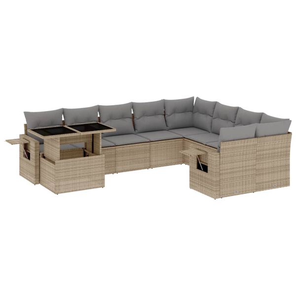 vidaXL 10-delige Loungeset met kussens poly rattan beige
